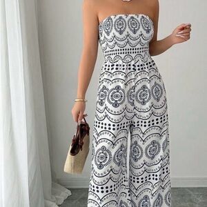 Elegant Blue and White Strapless Jumpsuit